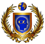 Emblem mit Globus, goldenem Lorbeerkranz und blauem Schild, Text: "Alpha College".