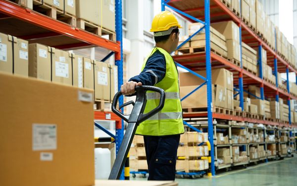 Ein Logistik Mitarbeiter transportiert mehrere Pakete in einer Lagerhalle mithilfe einem Hubwagen.