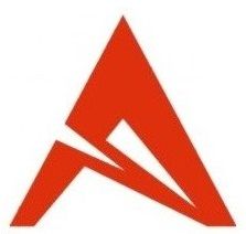 Logo rojo con forma de letra "A" abstracta sobre fondo blanco.