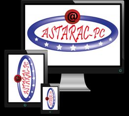 Ordinateurs et tablettes affichant le logo ASTARAC-PC avec un ovale bleu et étoiles blanches.