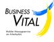 Textlogo mit Aufschrift „Business Vital“, bunte Pinselstriche, mobiler Massageservice.