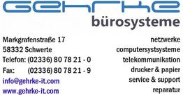 Logo von Gehrke Bürosysteme mit Kontaktinformationen und Dienstleistungen in Schwerte.