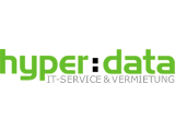 Grünes Logo mit schwarzem Schriftzug "hyper:data", darunter "IT-SERVICE & VERMIETUNG" in Grau.