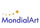 MondialArt-Logo mit blauen Buchstaben und goldenen Punkten darüber.