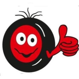 Rotes, lächelndes Cartoon-Gesicht in einem schwarzen Kreis mit Daumen hoch.