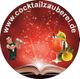 Roter Hintergrund, Cocktail, Barkeeper, Text "www.cocktailzauberei.de", Buch und sprühende Buchstaben.
