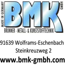 BMK-Logo mit Adresse: 91639 Wolframs-Eschenbach, Steinkreuzweg 2. Webseite: www.bmk-gmbh.com.