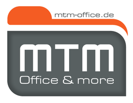 Logo mit Text "mtm-office.de" und "MTM Office & more" vor grauem Hintergrund.