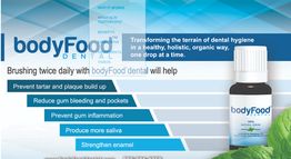 Dental serum ad highlighting benefits like reducing plaque, gum inflammation, and strengthening enamel.