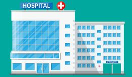 Illustration of a modern hospital building with a red cross and emergency entrance.