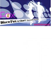 Tanzpaar in Disco-Posen auf lila Hintergrund, Text: Disco Fox & Chart Tanzkurse, Webadresse.