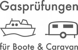Grafik mit Text "Gasprüfungen für Boote & Caravan" und Symbolen von Boot und Wohnwagen.