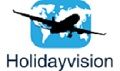 Logo mit Flugzeug über Weltkarte, darunter der Text "Holidayvision", blau-weißer Hintergrund.