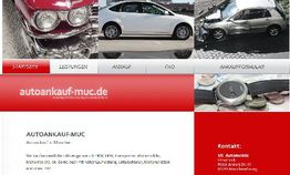 Website-Bildschirmfoto: Autoankauf München mit Fahrzeugbildern und Kontaktdaten auf rotem Hintergrund.