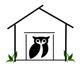 Outline of a house with an owl inside and green leaves at the base.