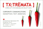 Visitenkarte mit Logo "TX:TREMATA", Text zu Firmenkommunikation und drei Chilischoten abgebildet.