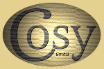 Ovales Logo mit dem Wort "Cosy GmbH" in stilisierter Schrift auf einem strukturierten Hintergrund.