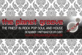 Bandposter "The Planet Groove" mit stilisiertem Hintergrund und Webadresse.