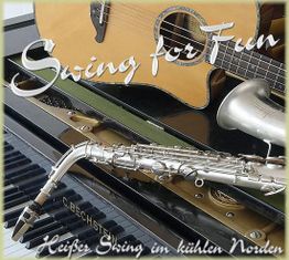 Saxophon, Gitarre und Klavier mit Schriftzug: "Swing for Fun" und "Heißer Swing im kühlen Norden".