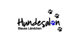 Logo mit Schriftzug "Hundesalon Blaues Ländchen" und vier Pfotenabdrücken, eine davon blau.
