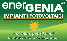 Logo di Energenia: impianti fotovoltaici, con sole stilizzato e dettagli di contatto aziendali.