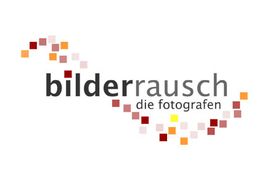 Logo mit Schriftzug "bilderrausch die fotografen" und bunten Quadraten in Wellenform.