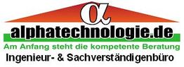 Logo von alphatechnologie.de, Ingenieur- & Sachverständigenbüro mit Slogan zur kompetenten Beratung.