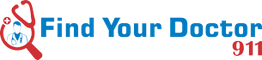 Logo with a stethoscope magnifier and text: "Find Your Doctor 911" in blue and red.