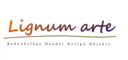 Logo: "Lignum arte", darunter: "Bodenbeläge Handel Design Objekte", in bunten Farben.