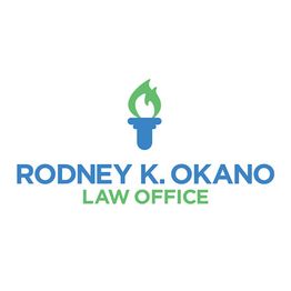 Logo of Rodney K. Okano Law Office with a blue and green torch design.