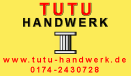 Gelber Hintergrund mit "Tutu Handwerk" und einer Säule, Website und Telefonnummer in Rot.