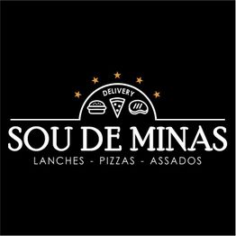 Logotipo "Sou de Minas", delivery de lanches, pizzas e assados, fundo preto com ícones de comida.