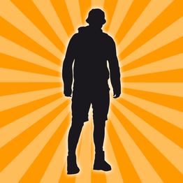 Silhouette einer Person in einem Hoodie auf orange-gelbem Strahlenhintergrund.