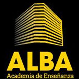 Logotipo amarillo de ALBA Academia de Enseñanza sobre fondo negro.