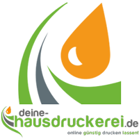 Logo von "deine-hausedruckerei.de" mit grünem, grauem und orangem Design.