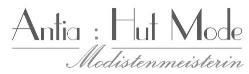 Logo mit Schriftzug „Antia Hut Mode, Modistenmeisterin“ in stilvoller Schrift, schwarz-weiß.