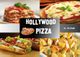 Pizza, lasagna, patatine fritte e hot dog con logo "Hollywood Pizza" al centro.