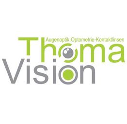 Logo von Thoma Vision mit grünem und grauem Text, einem Auge in "Thoma". Text: Optik, Optometrie.