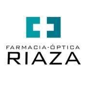 Logotipo de farmacia y óptica Riaza, con símbolo de cruz en tonos turquesa.