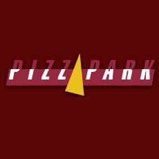 Logo com texto "PIZZ PARK" e fatia triangular amarela sobre fundo bordô.