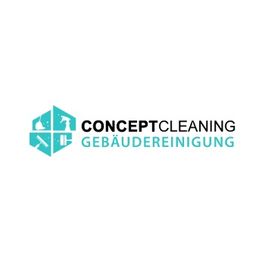 Logo von Concept Cleaning, Gebäudereinigung mit Symbolen für Reinigungsutensilien in Blau.