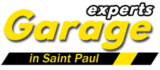 "Experts Garage logo with yellow text on a black background, 'in Saint Paul' written below."
