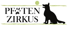 Logo mit dem Text "Pfoten Zirkus", einem Pfotenabdruck und einem spielenden Hund neben einem Ball.