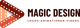 Rotes, dreieckiges Logo mit Text: "Magic Design. Logos, Animationen, Videos" in schwarzer Schrift.