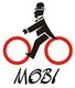 Logo con uomo stilizzato in bici, cerchi rossi e scritta "MOBI" sotto.