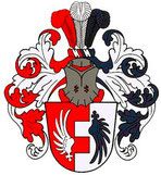 Wappen mit Helm, roten und schwarzen Federn, verziert mit floralen Mustern in Rot und Schwarz.