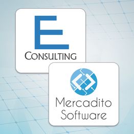 Logos de E Consulting y Mercadito Software sobre fondo geométrico azul claro.