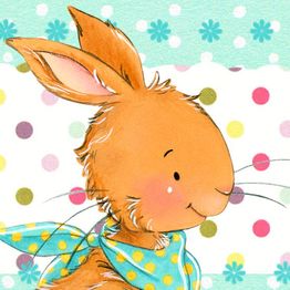 Niedlicher Hase mit gepunktetem Schal vor buntem, gepunktetem Hintergrund.