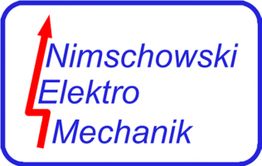 Logo: Nimschowski Elektro Mechanik, blauer Text mit rotem Pfeil auf weißem Hintergrund.