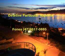Vista noturna de Itapema com texto: "Detetive Particular Itapema", telefone: (47) 9617-0885.